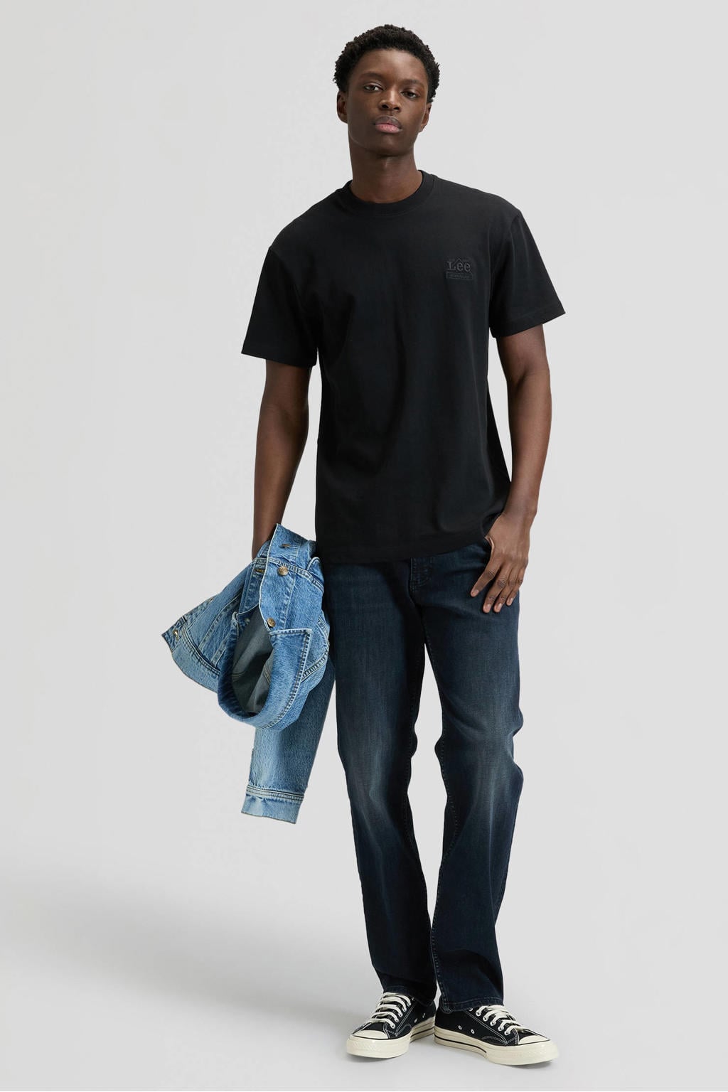 Zwarte heren Lee regular T-shirt van katoen met effen, korte mouwen en ronde hals