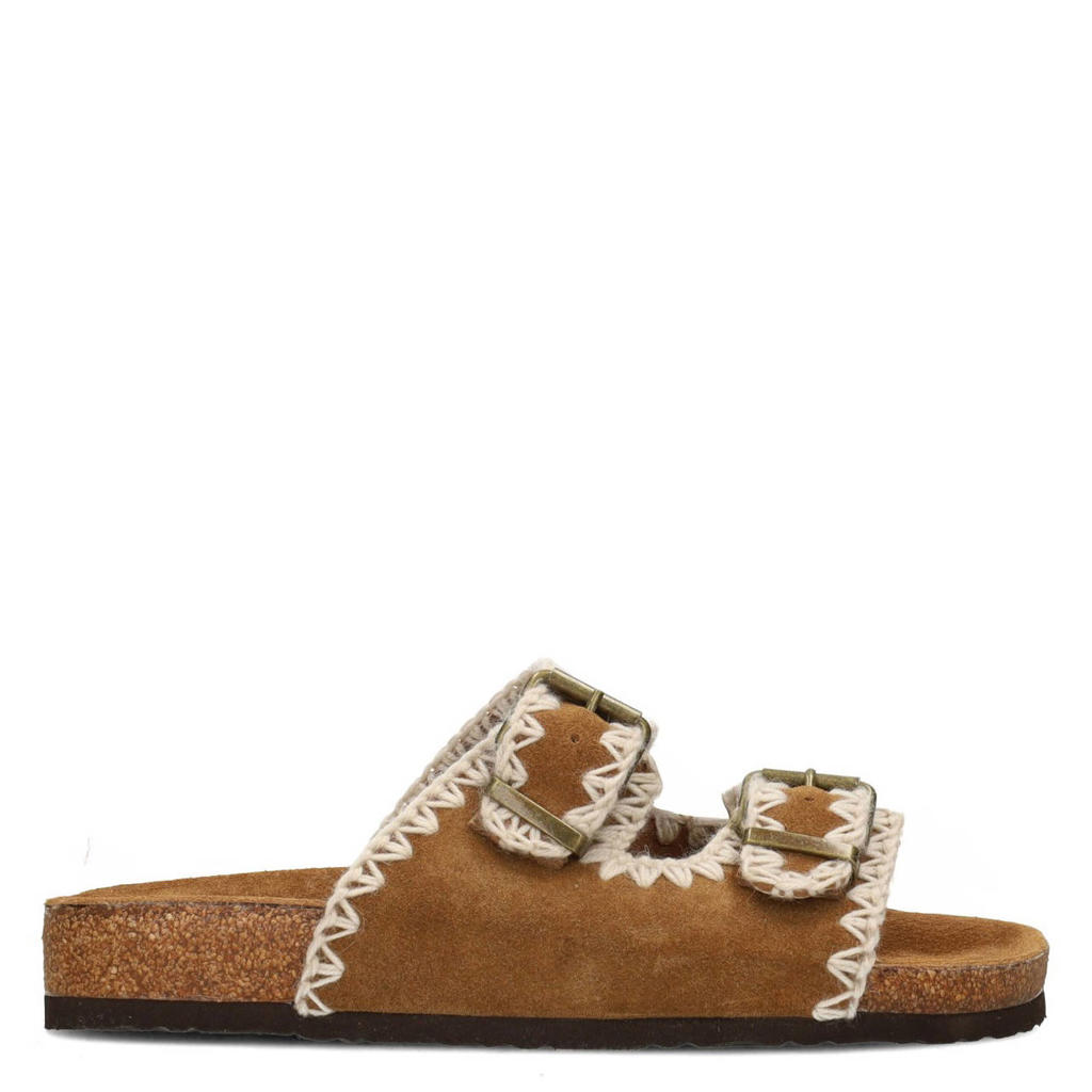 Cognackleurige dames Poelman Monica suède slippers