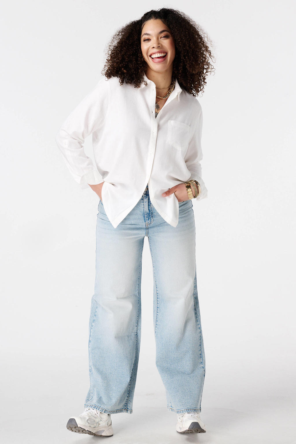 Light blue denim dames MS Mode high waist wide leg jeans van denim met rits- en knoopsluiting en effen