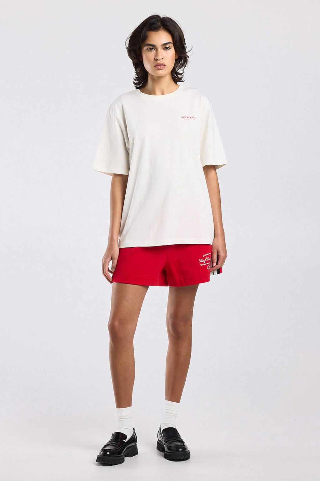 Rood, ecru en zwarte dames America Today regular waist sweatshort van katoen met elastische tailleband met koord en effen