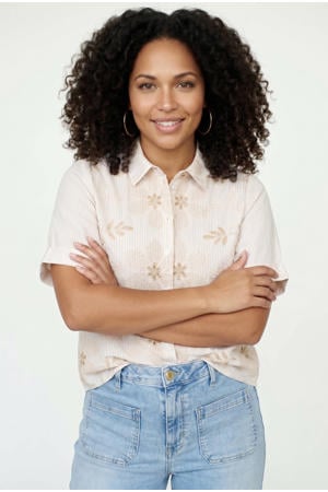 gestreepte blouse met borduursels - beige