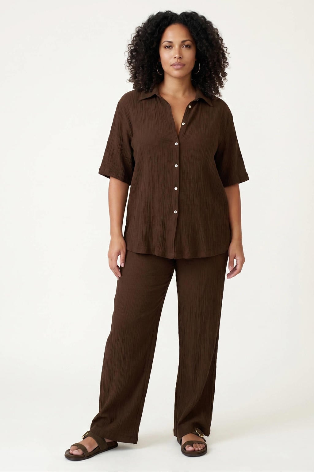 Bruine dames Tramontana high waist straight fit broek van viscose met elastische tailleband en effen