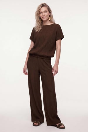 high waist straight fit broek met textuur - bruin