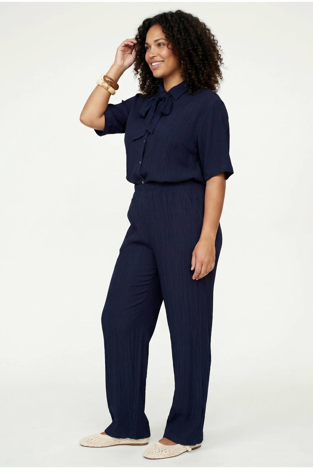 Donkerblauwe dames Tramontana viscose straight fit broek met elastische tailleband en effen