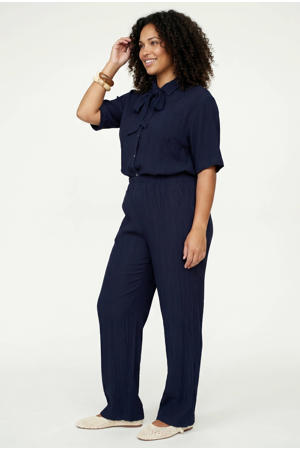 viscose straight fit broek met textuur - donkerblauw