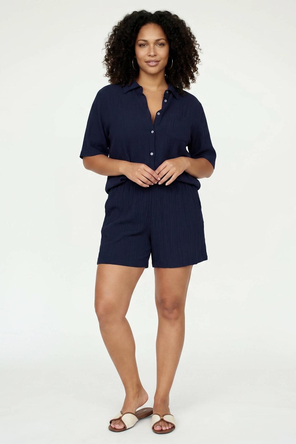 Donkerblauwe dames Tramontana viscose straight fit high waist korte broek met elastische tailleband en effen