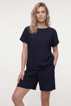 viscose straight fit high waist korte broek - donkerblauw