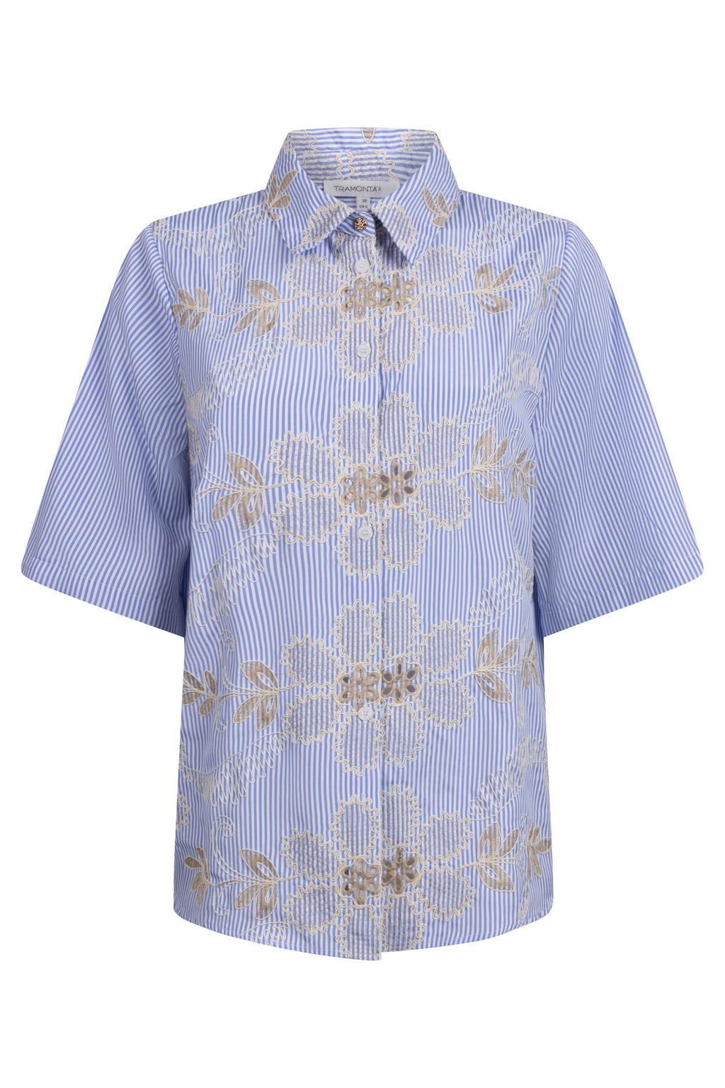 Blauwe dames Tramontana gestreepte blouse van polyester met korte mouwen, klassieke kraag, knoopsluiting en borduursels