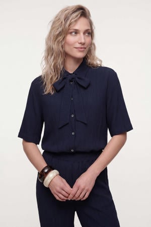 viscose blouse met textuur - donkerblauw