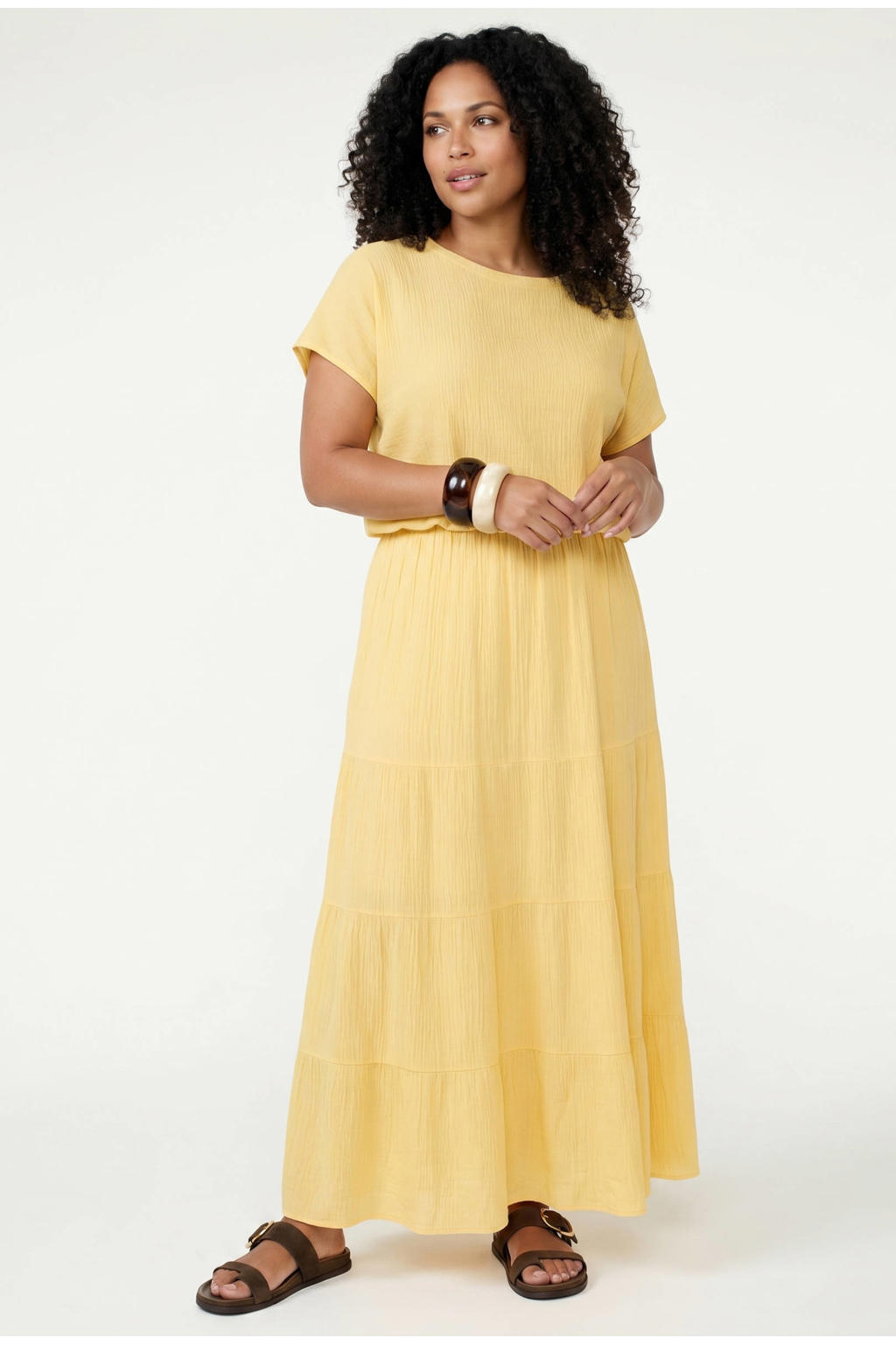 Gele dames Tramontana top van viscose met effen, korte mouwen, ronde hals en textuur