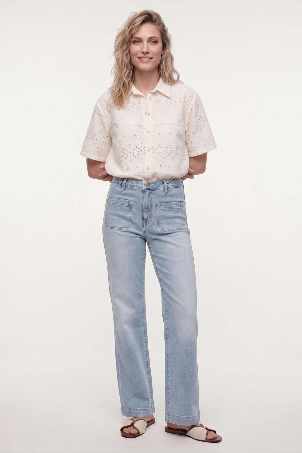 Ecru dames Tramontana broderie blouse van katoen met effen, korte mouwen, klassieke kraag en knoopsluiting