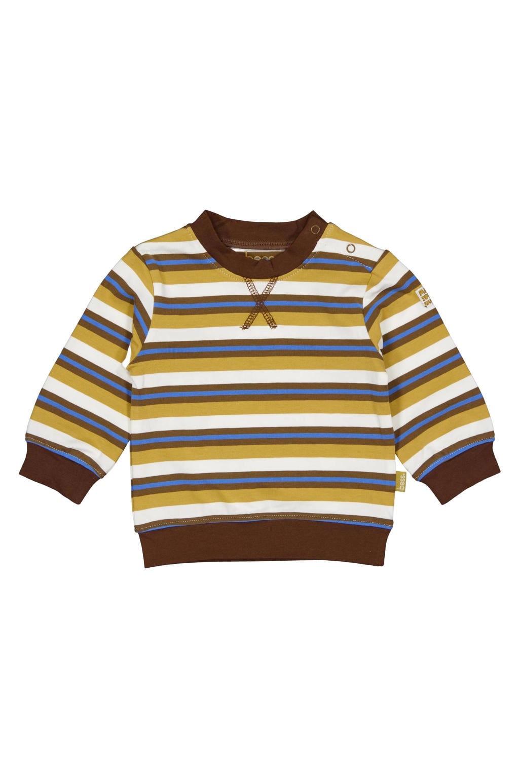 Bruine jongens BESS gestreepte longsleeve van stretchkatoen met lange mouwen, reverskraag en drukknoopsluiting