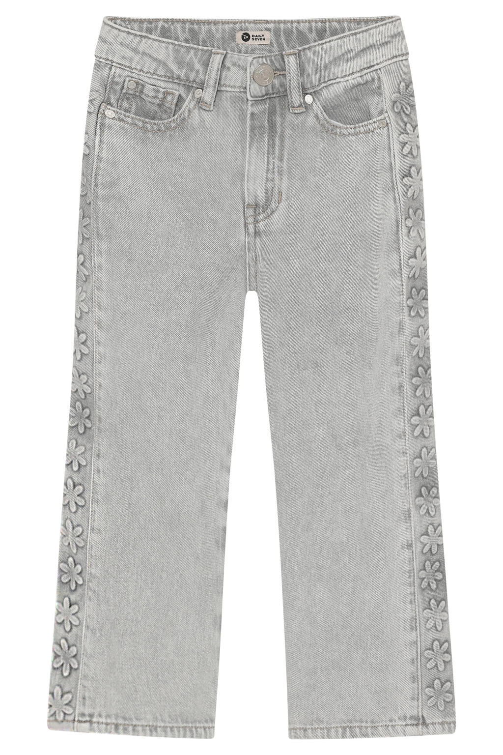 Grey denim meisjes Daily7 wide leg jeans van denim met rits- en knoopsluiting en effen