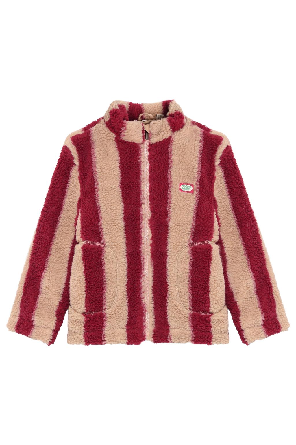 Rood en beige jongens Daily7 gestreepte teddy jas met lange mouwen, opstaande kraag en ritssluiting