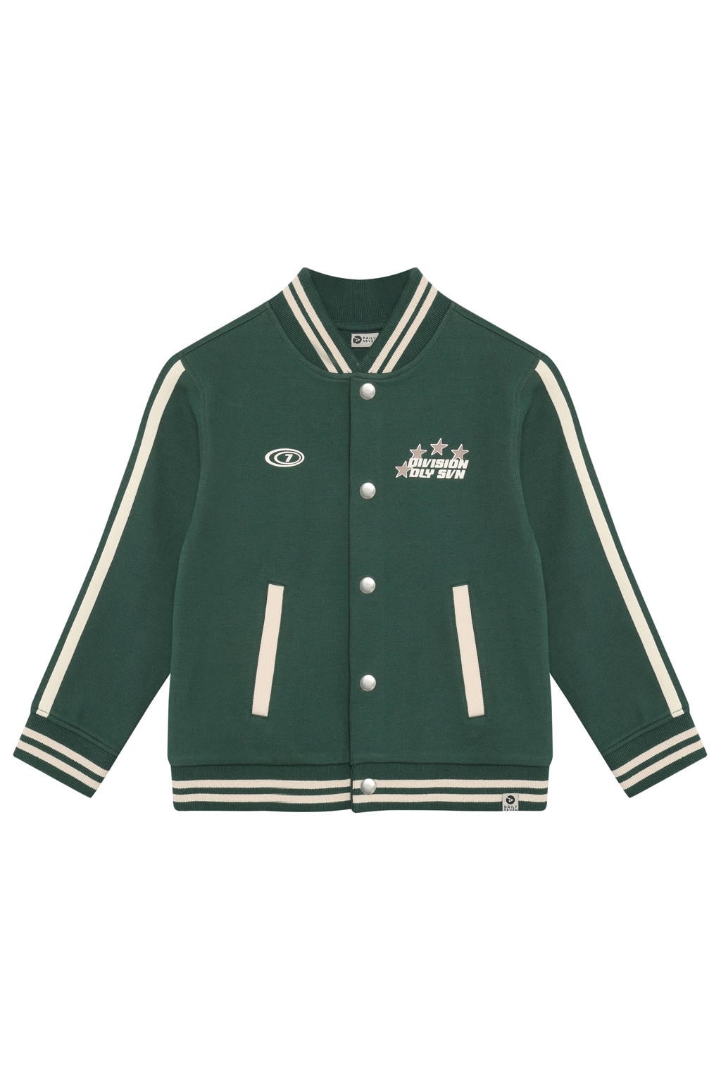 Groen en ecru jongens Daily7 oversized gebreide vest van katoen met backprint, lange mouwen, ronde hals en drukknoopsluiting