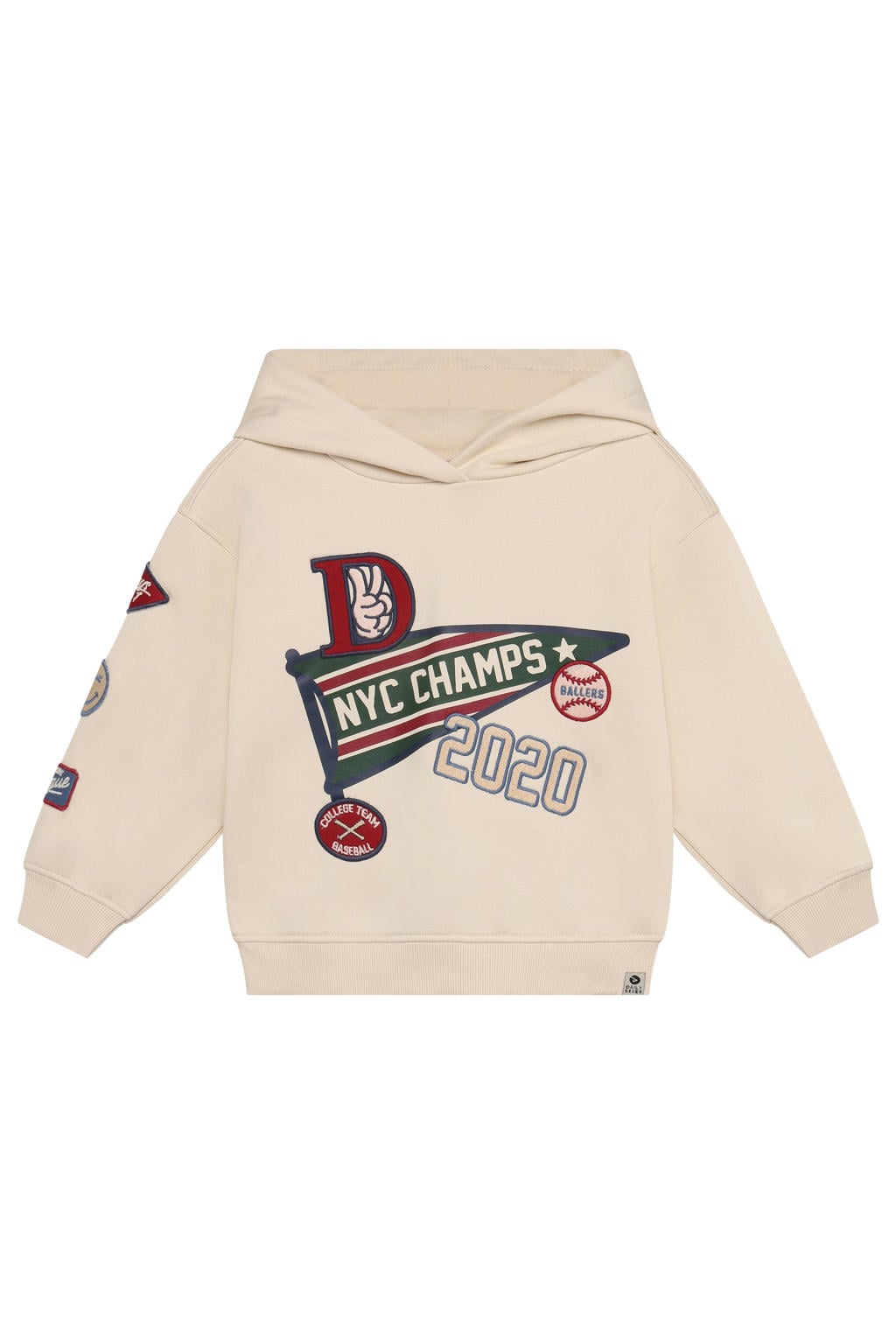 Beige jongens Daily7 oversized hoodie en patches van sweat materiaal met backprint en lange mouwen