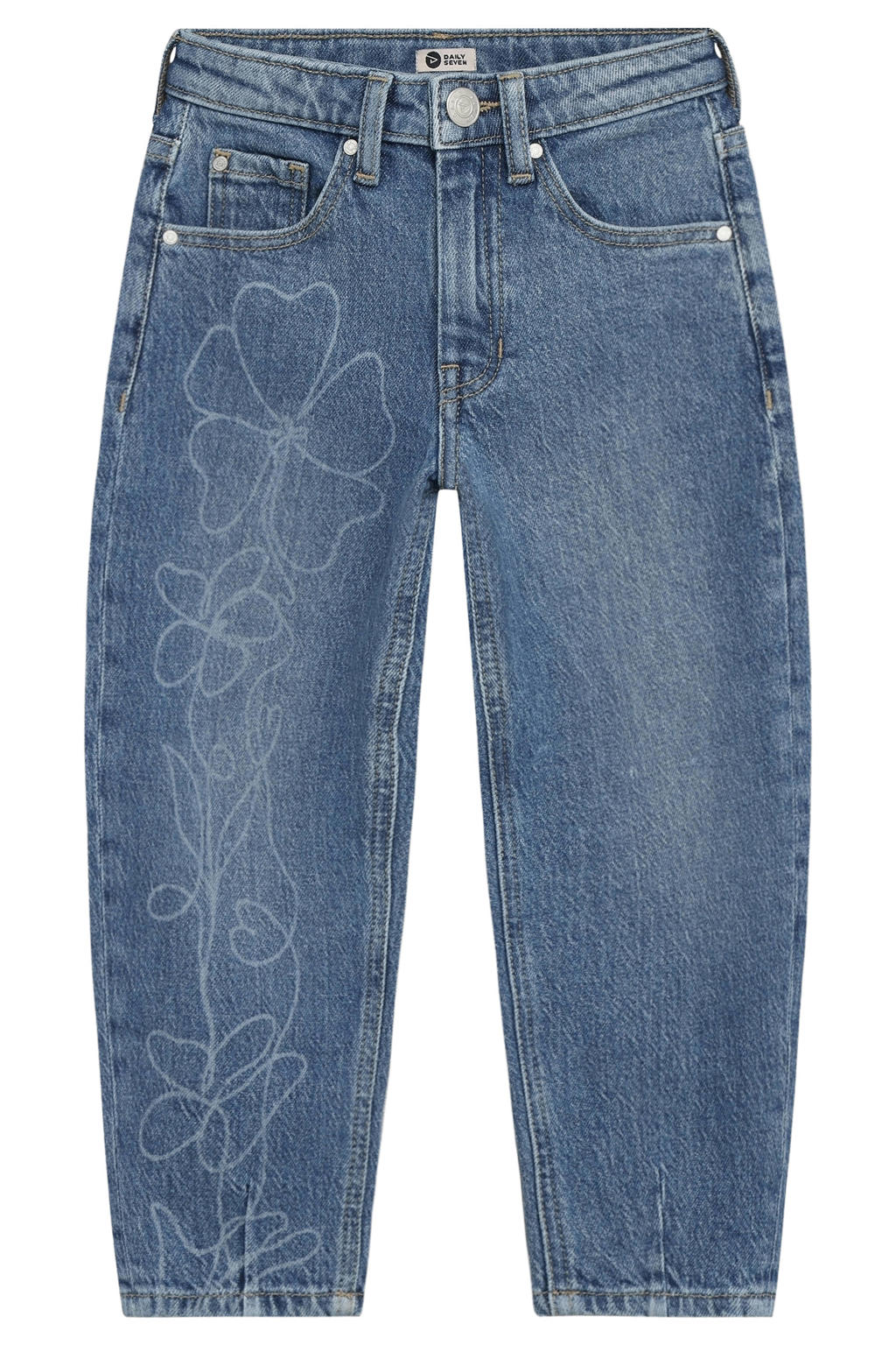 Medium blue denim meisjes Daily7 barrel gebloemde jeans mediumblauw van denim met regular waist en rits- en knoopsluiting