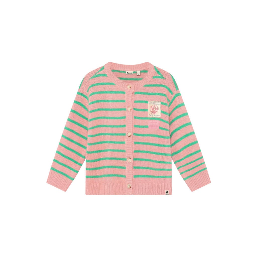 Roze en groene meisjes Daily7 rechtvallend gebreide gestreept vest van acryl met lange mouwen, ronde hals en knoopsluiting