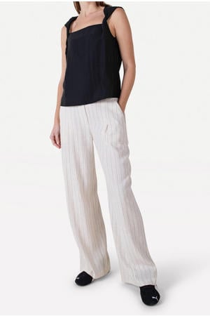 wide leg regular waist broek met krijtstreep beige