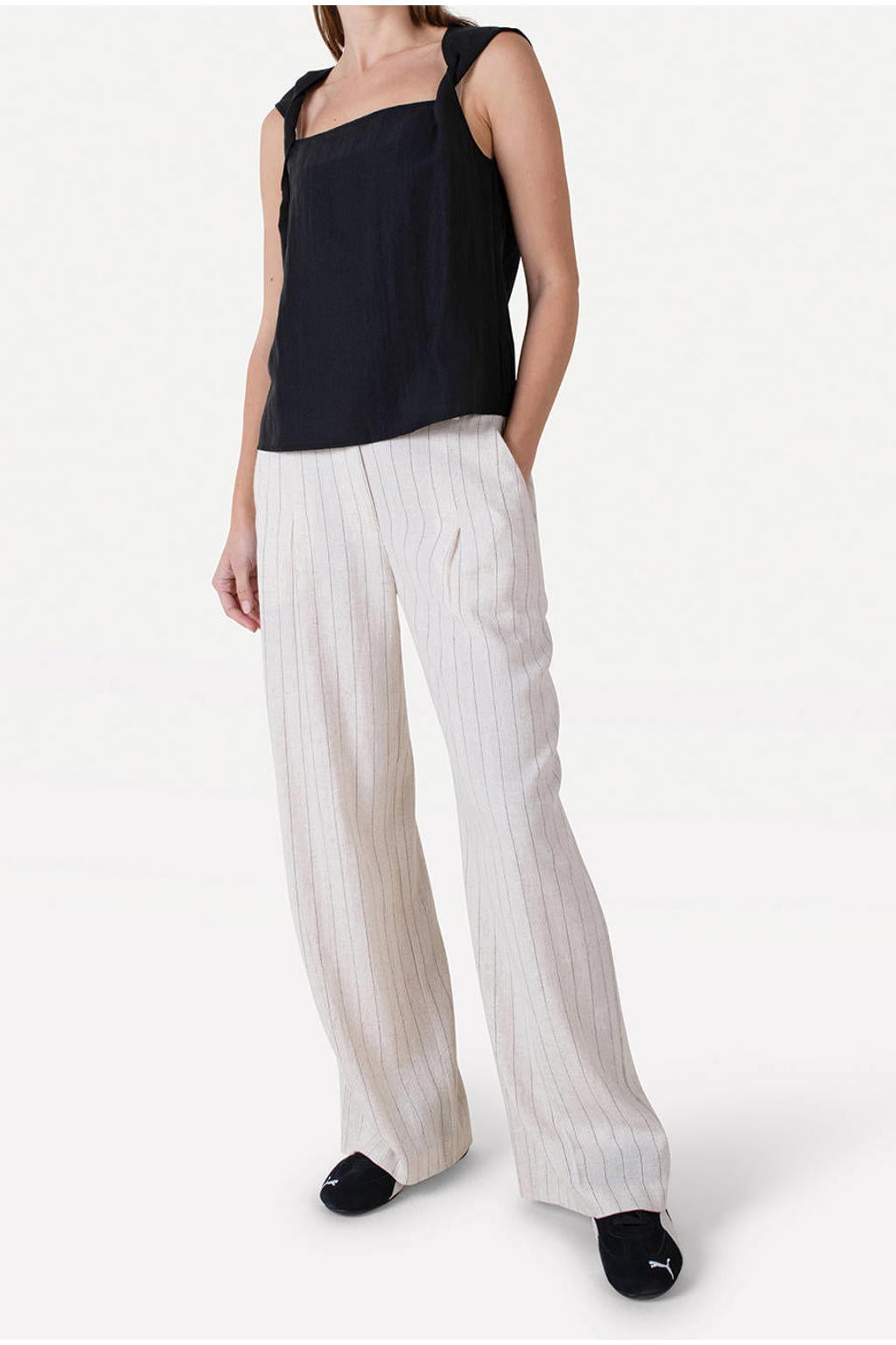 Beige dames Another-Label wide leg regular waist broek van rayon met rits, haak- en knoopsluiting en krijtstreepprint