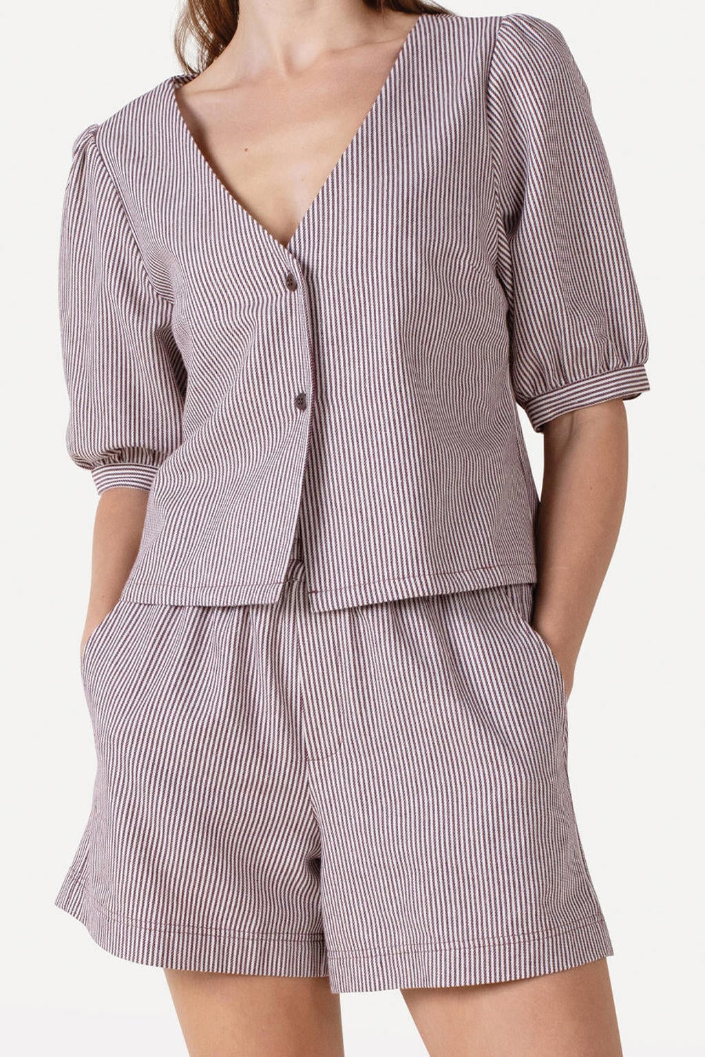 Bruin en ecru dames Another-Label gestreepte blouse van katoen met driekwart mouwen, klassieke kraag en knoopsluiting
