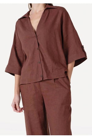 blouse met linnen bruin