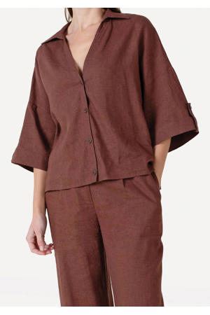 blouse met linnen bruin