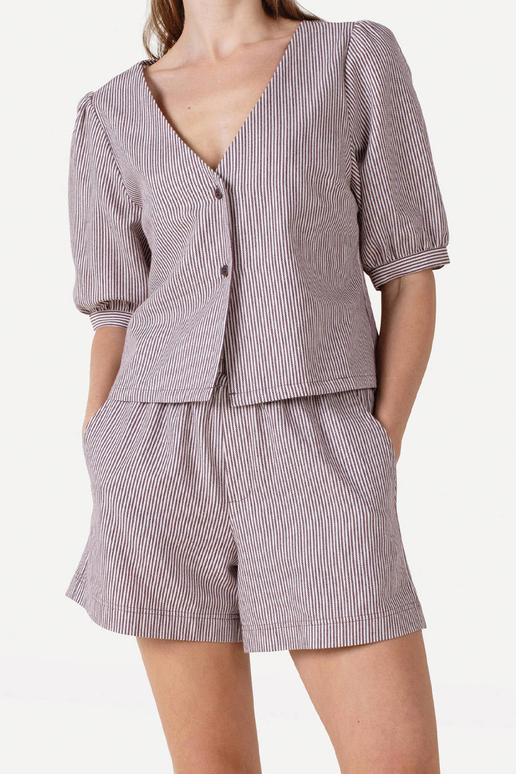 Bruin en ecru dames Another-Label regular waist gestreepte casual short van katoen met loose fit en elastische tailleband