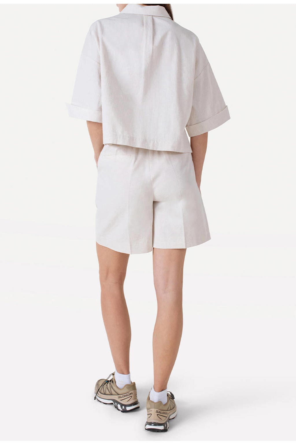 Beige dames Another-Label regular waist bermuda short van katoen met loose fit, elastische tailleband en effen