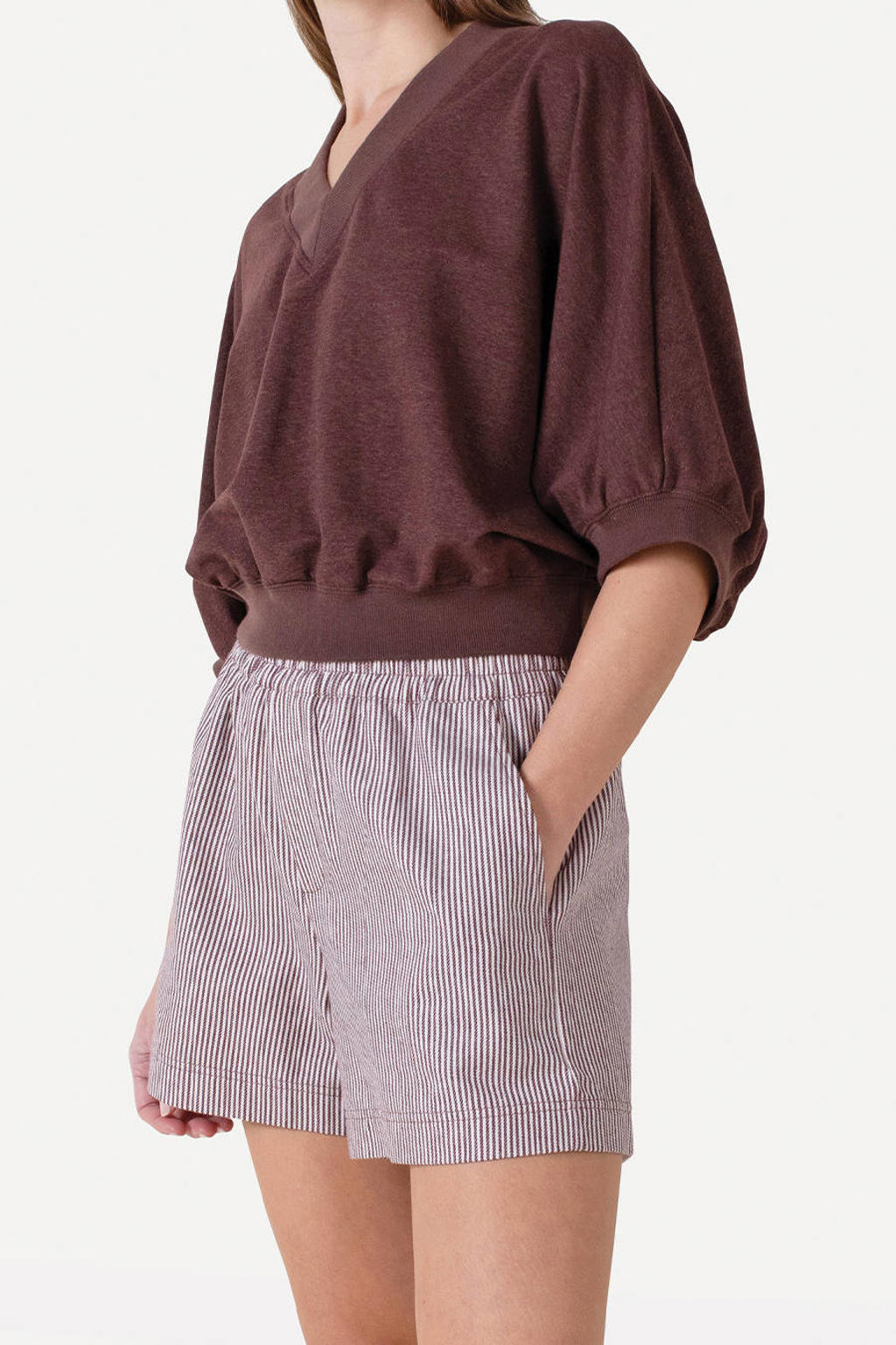 Bruine dames Another-Label sweater van katoen met effen, driekwart mouwen en V-hals