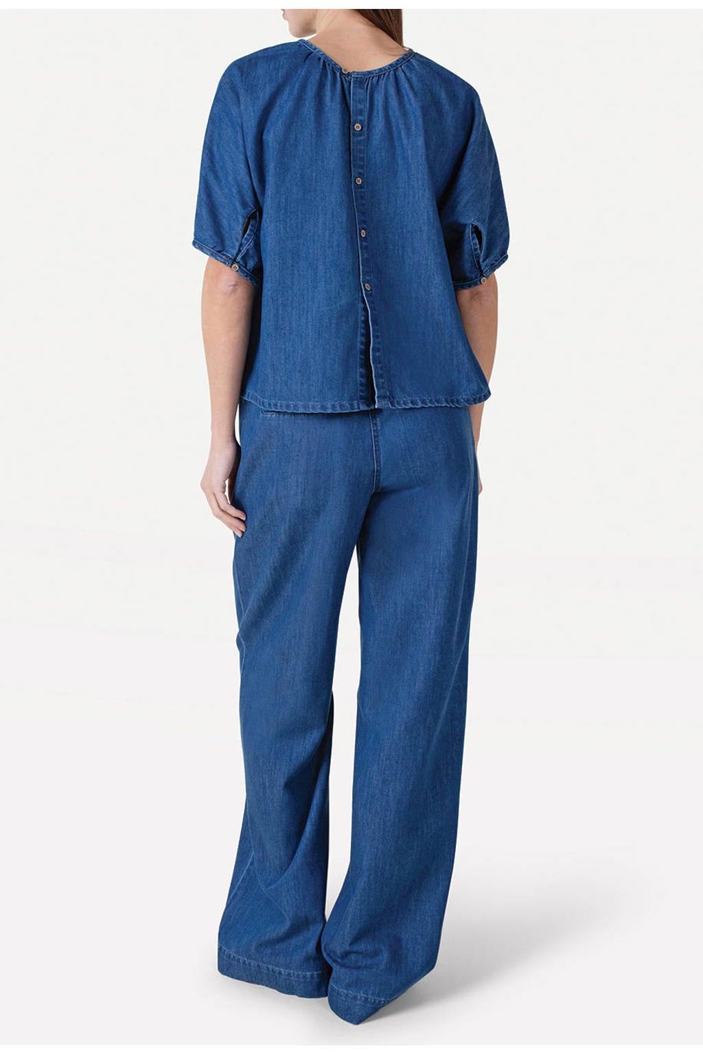 Medium blue denim dames Another-Label wide leg jeans van katoen-lyocell met rits- en knoopsluiting en effen