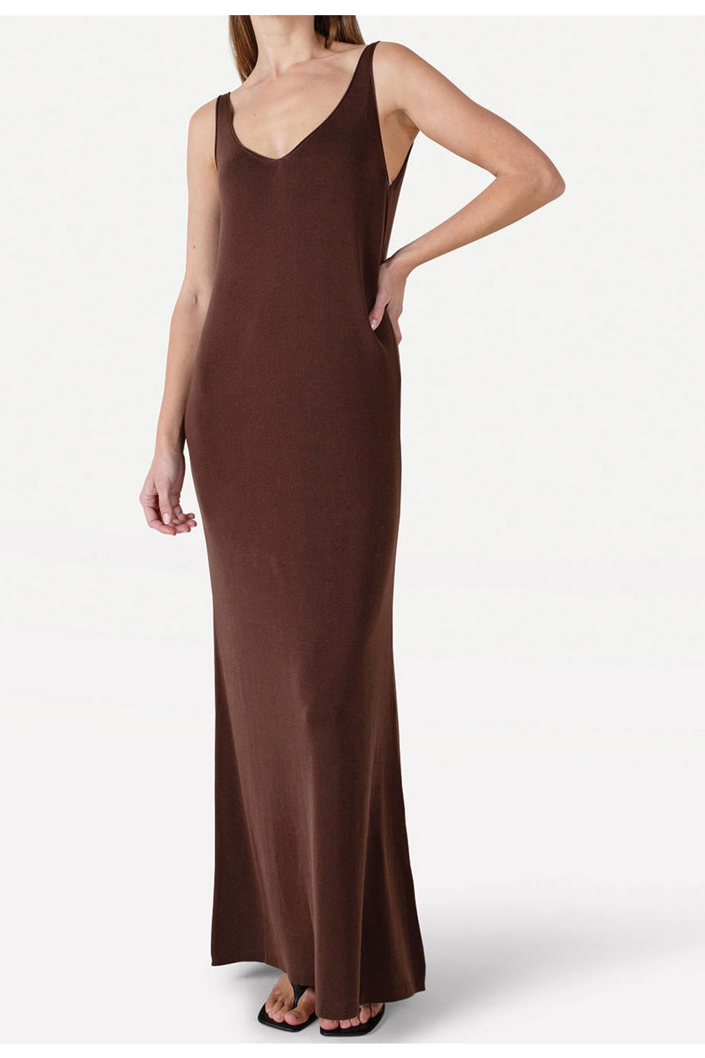 Bruine dames Another-Label maxi jurk van lyocell met effen en V-hals