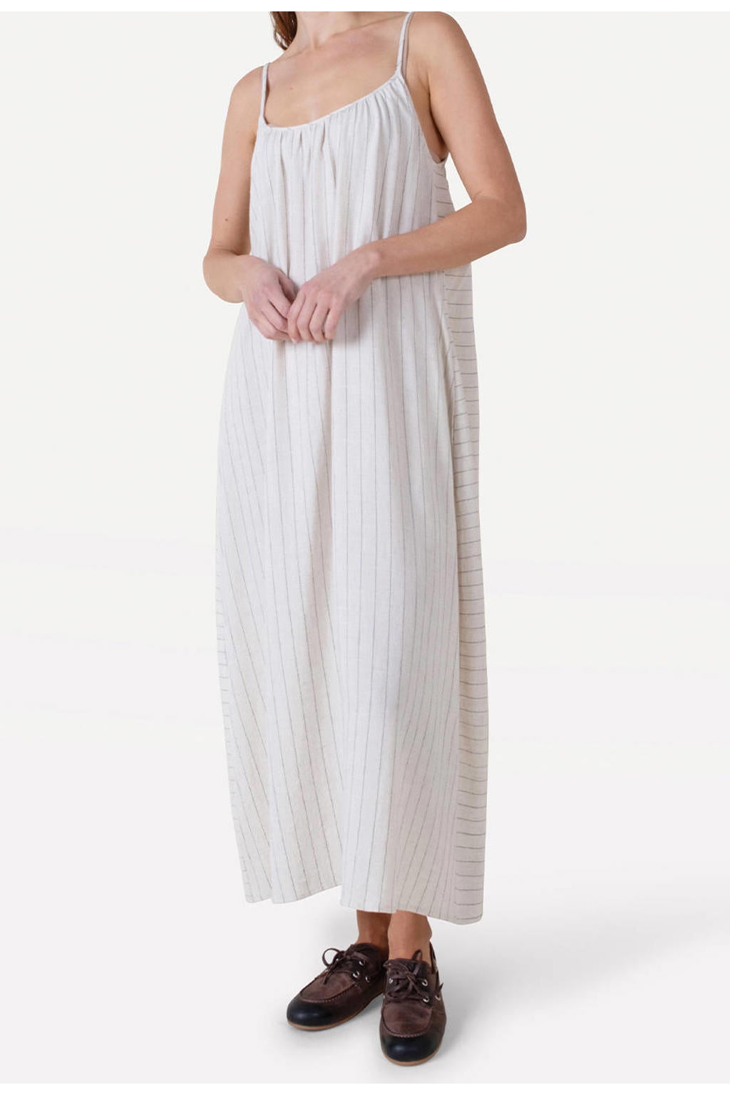 Beige dames Another-Label maxi jurk van rayon met krijtstreepprint, spaghettibandjes en ronde hals