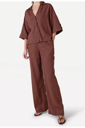wide leg regular waist broek met linnen bruin