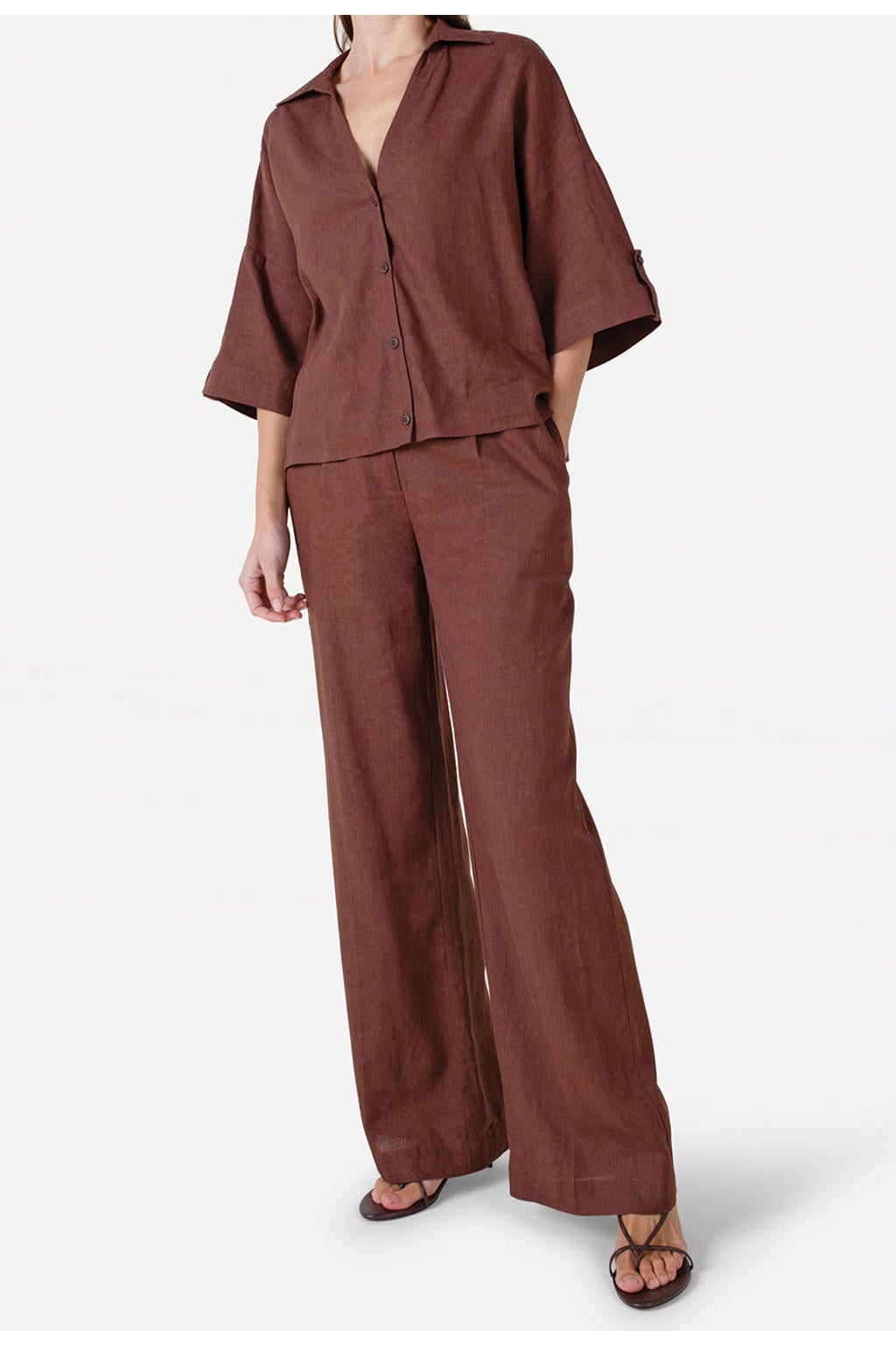 Bruine dames Another-Label wide leg regular waist broek van linnen met rits- en haaksluiting en effen