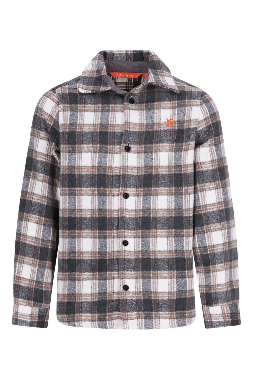 Beige, grijs en bruine jongens TYGO & vito flanel geruit casual overhemd met lange mouwen, klassieke kraag en knoopsluiting