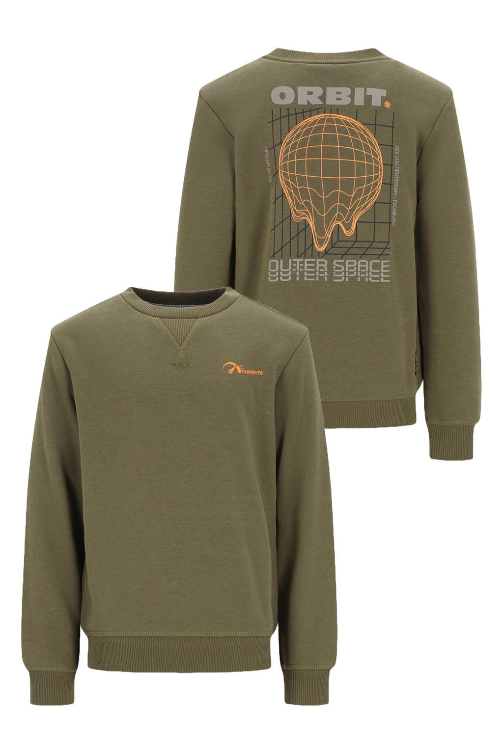 Donkergroene jongens TYGO & vito rechtvallende sweater met backprint, lange mouwen en ronde hals