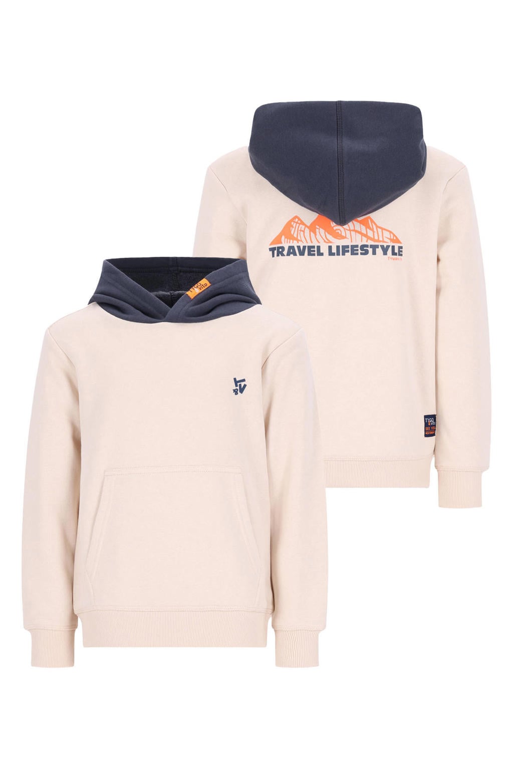 Beige jongens TYGO & vito sweater met backprint, lange mouwen en capuchon