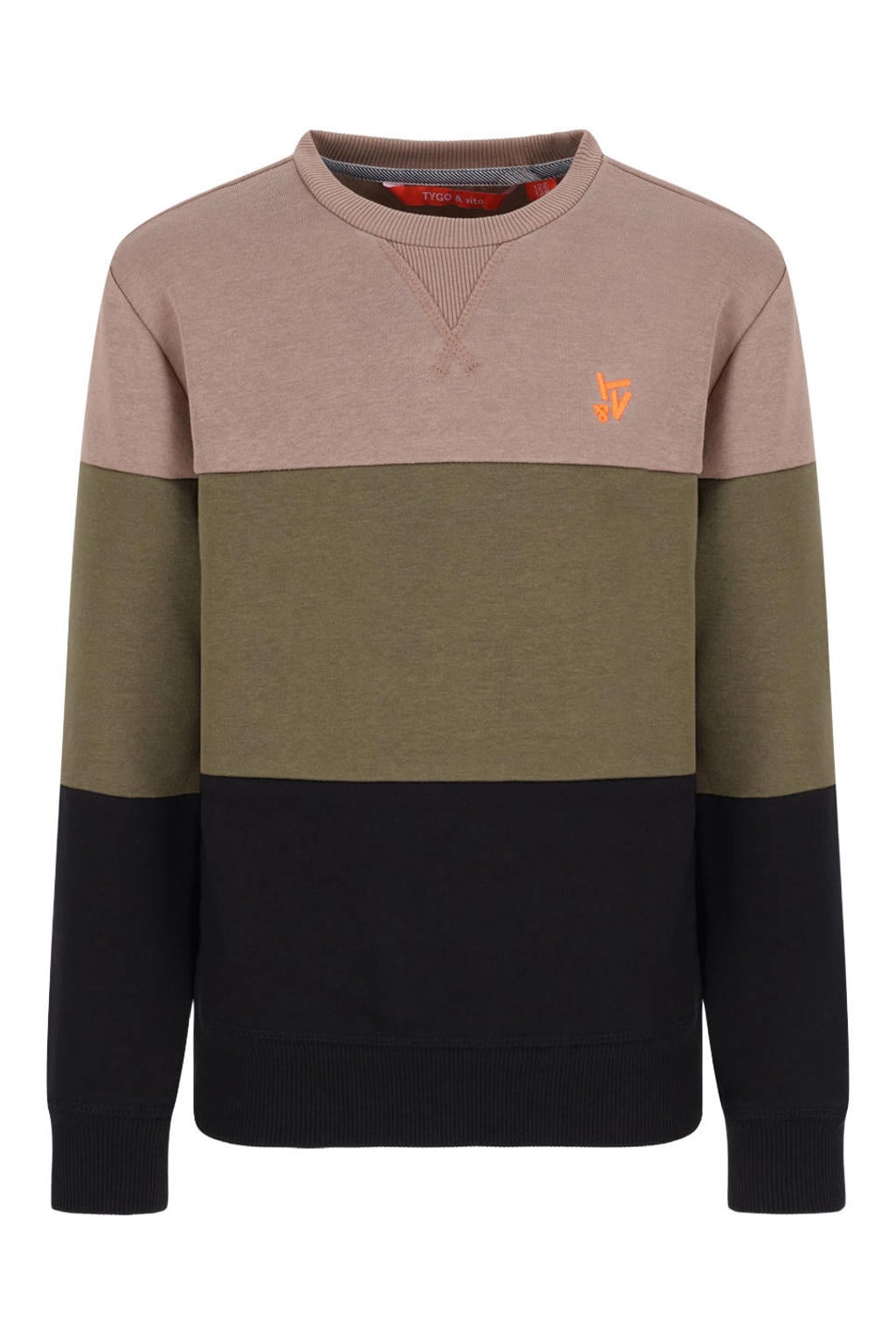 Donkergroen, zand en zwarte jongens TYGO & vito sweater met meerkleurige print, lange mouwen, ronde hals en geribde boorden