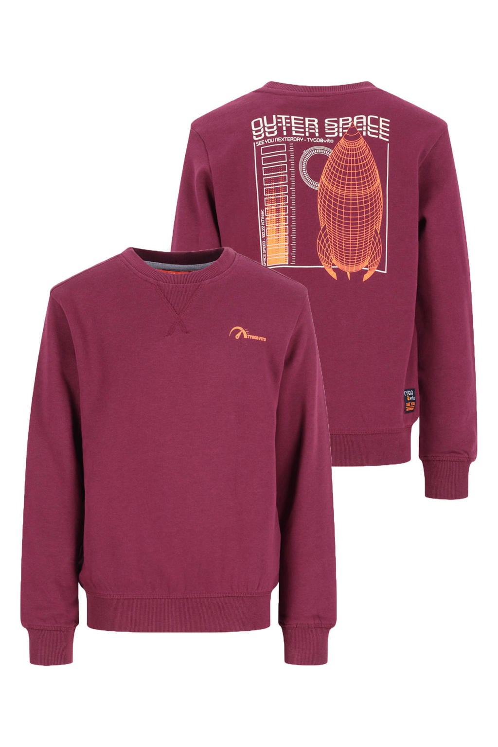 Donkerrode jongens TYGO & vito sweater met backprint, lange mouwen en ronde hals