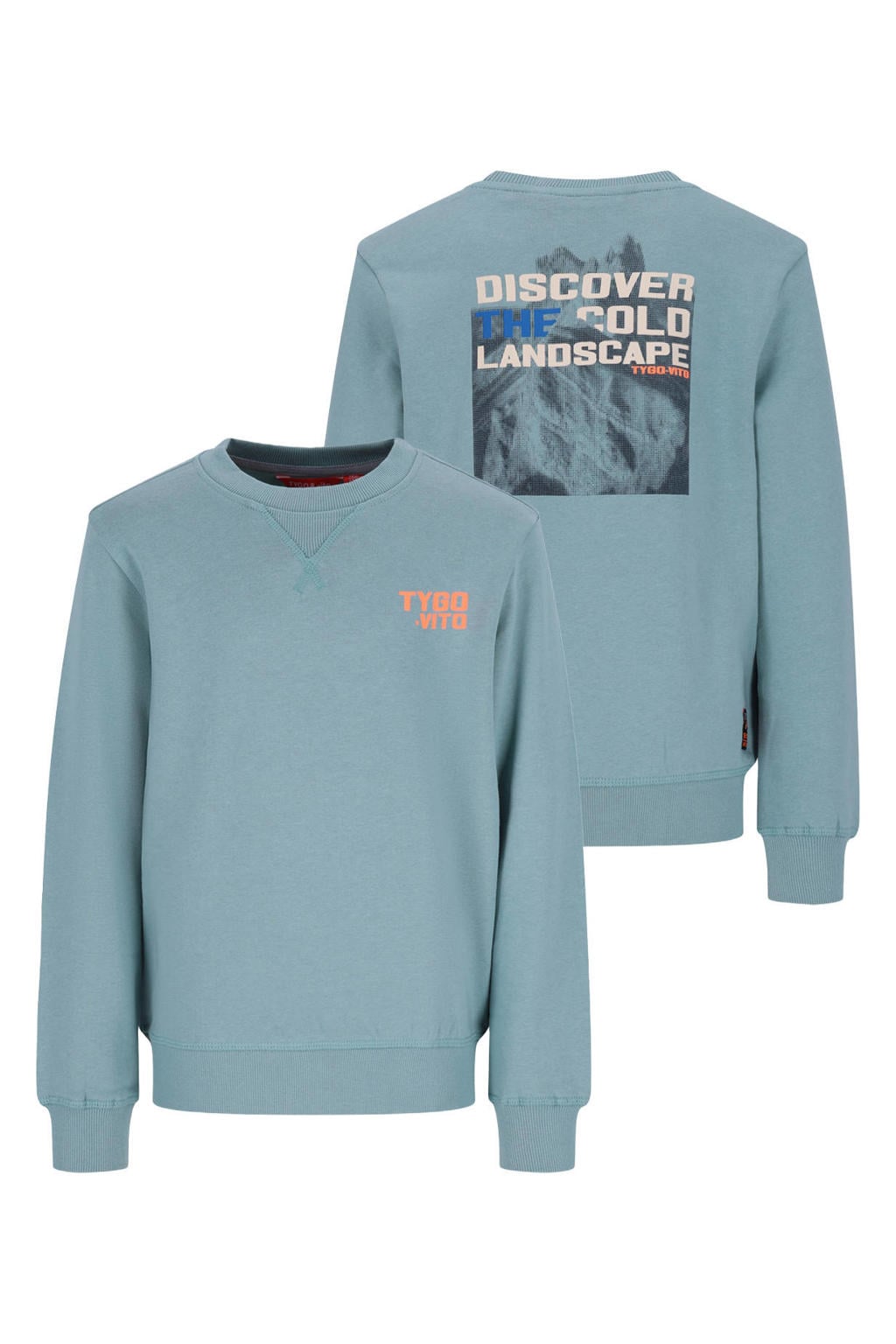Lichtblauwe jongens TYGO & vito sweater met backprint, lange mouwen en ronde hals