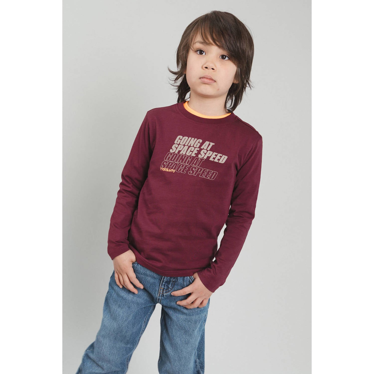 TYGO & vito jersey rechtvallende longsleeve met print donkerrood