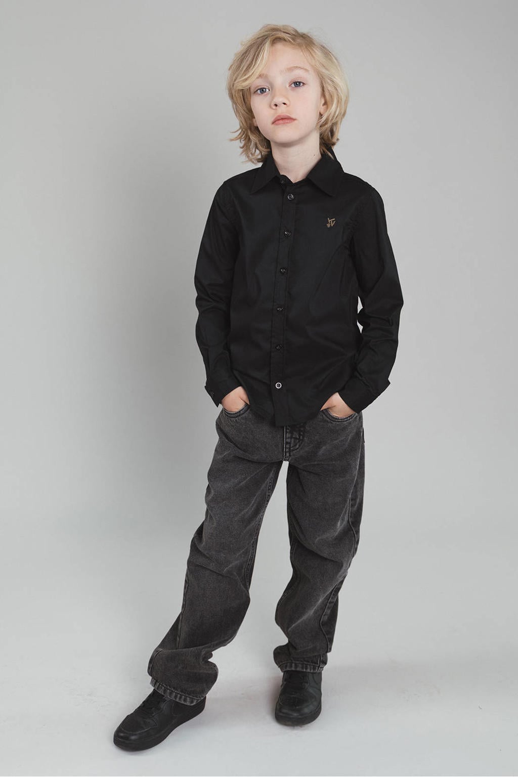 Zwarte jongens TYGO & vito casual overhemd van polyester met effen, lange mouwen, klassieke kraag en knoopsluiting