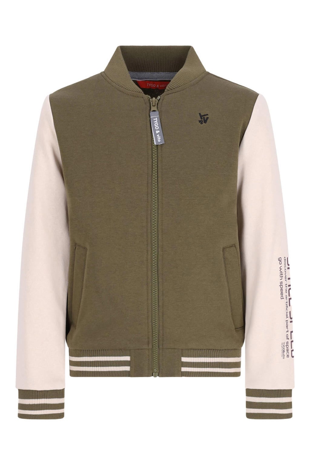 Olijfgroene jongens TYGO & vito sweatvest met meerkleurige print, lange mouwen, opstaande kraag en ritssluiting