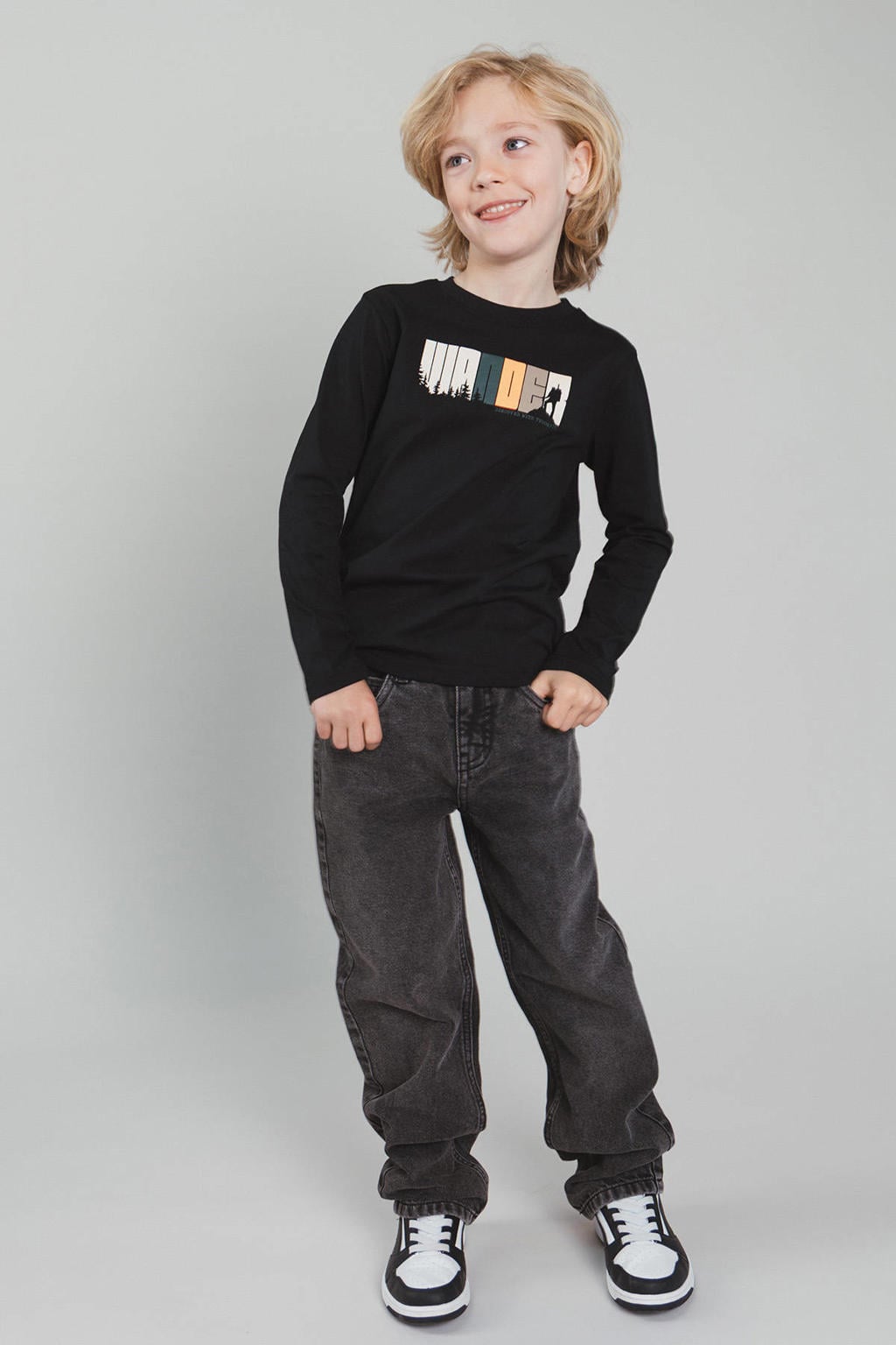 Zwarte jongens TYGO & vito longsleeve van katoen met lange mouwen en ronde hals