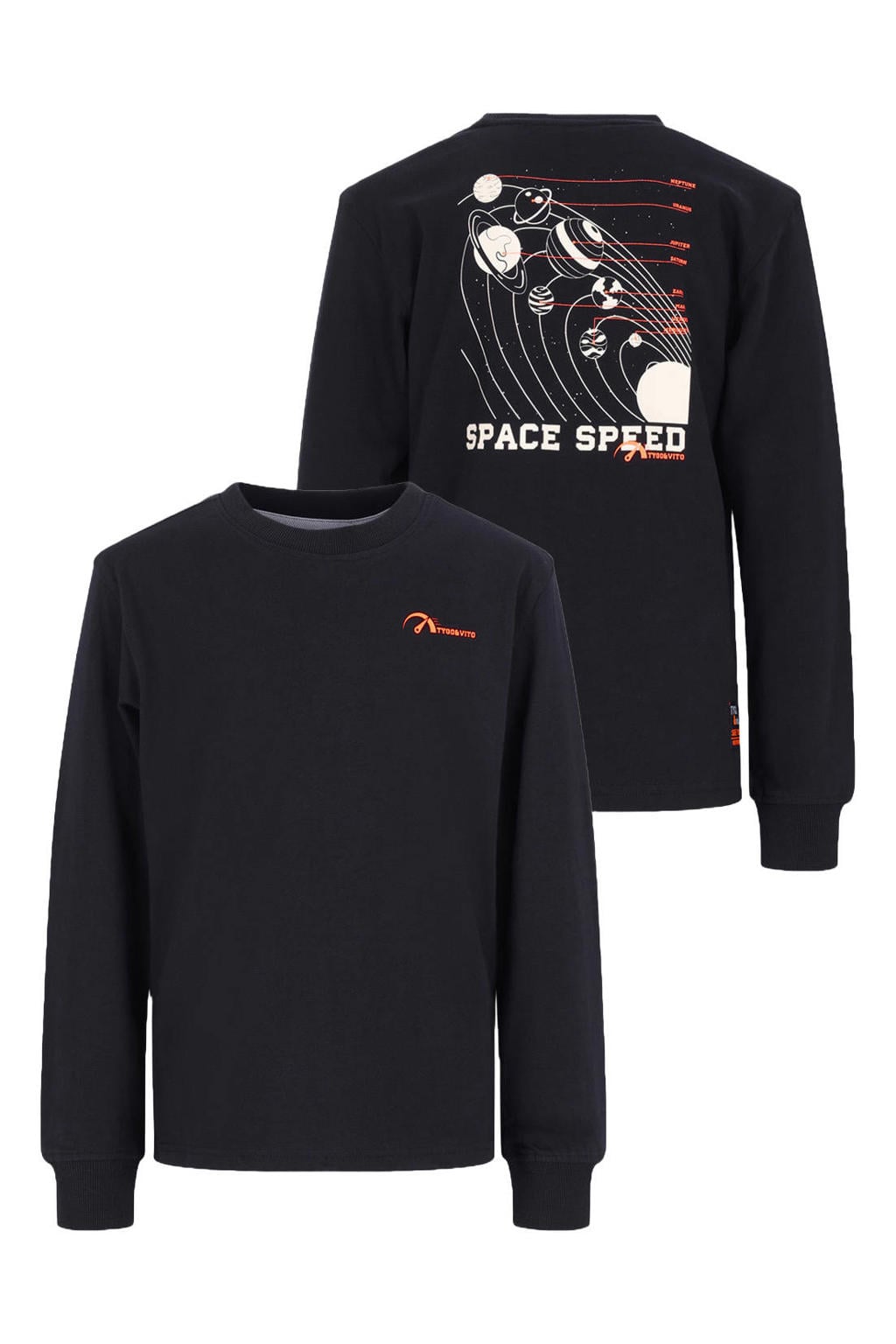 Zwarte jongens TYGO & vito jersey longsleeve met backprint, lange mouwen, ronde hals en geribde boorden