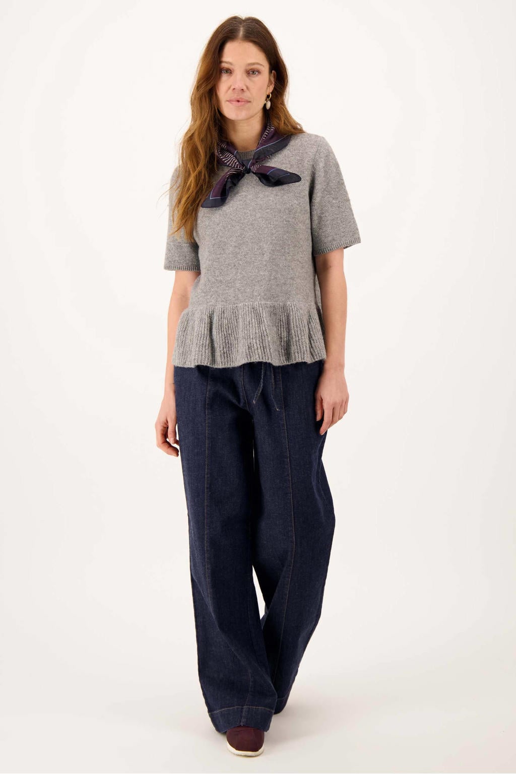 Dark blue denim dames Zusss wide leg jeans van denim met rits- en knoopsluiting en effen