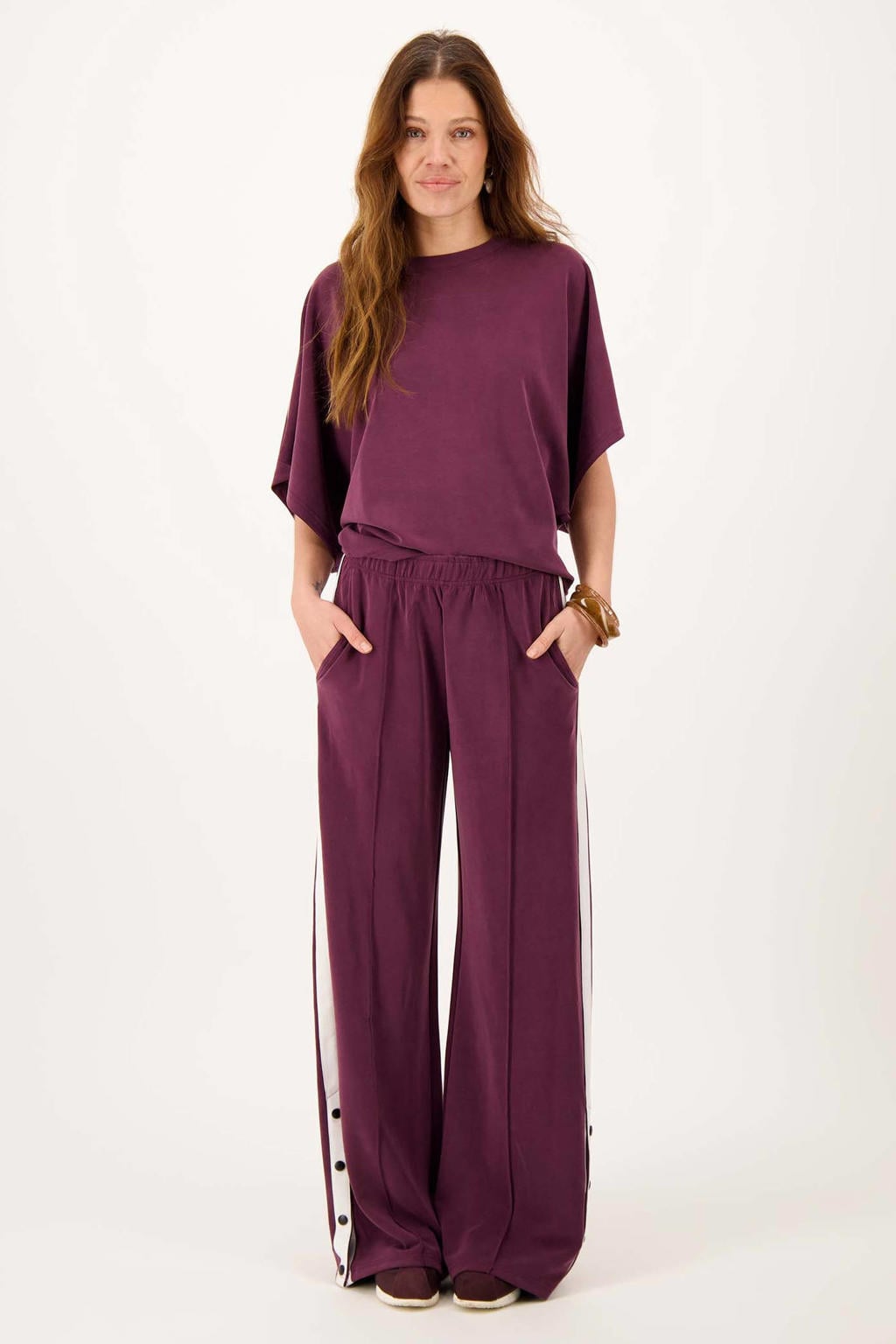 Donkerrood en ecru dames Zusss wide leg broek met effen