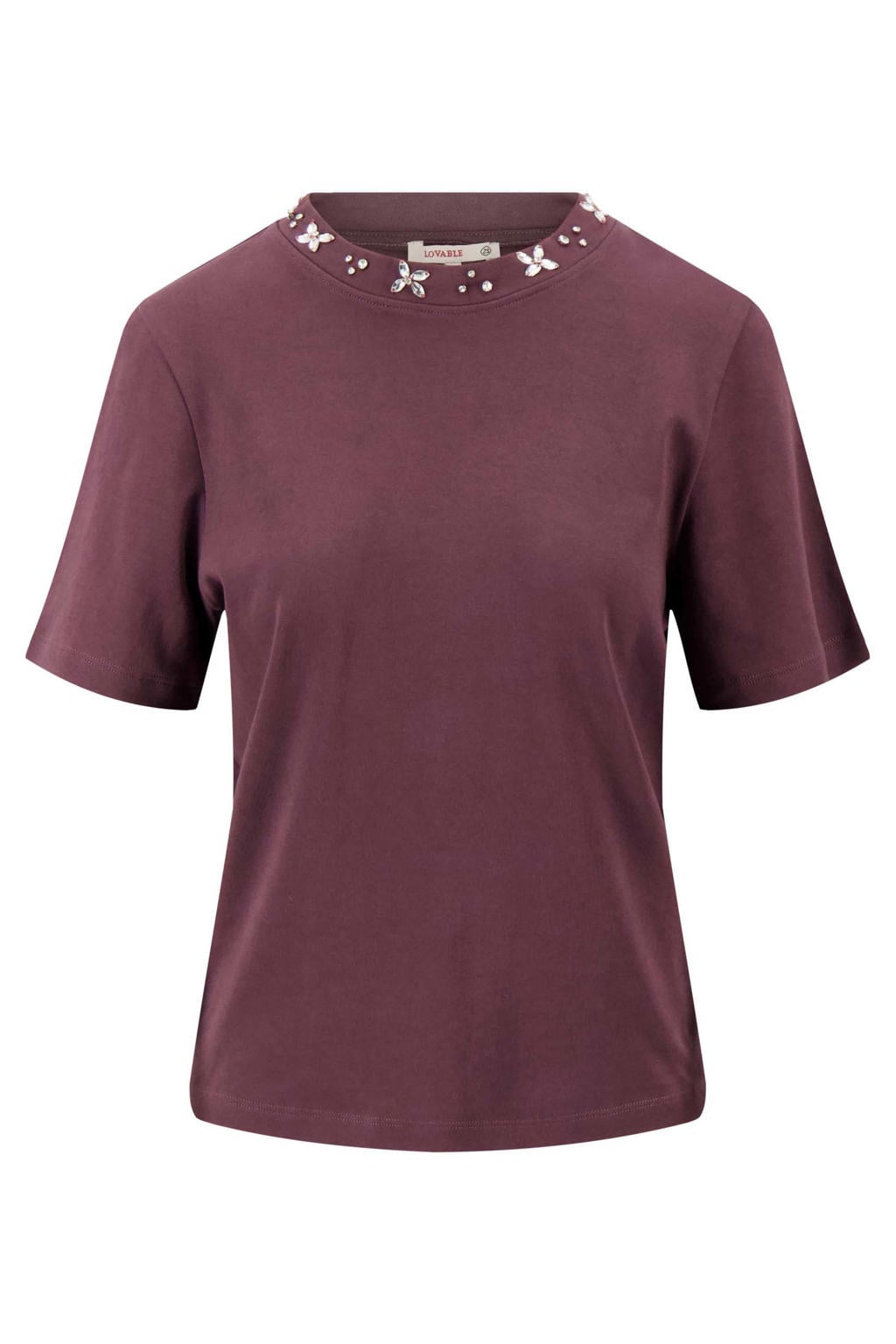 Donkerrode dames Zusss T-shirt van katoen met effen, driekwart mouwen, ronde hals en sierstenen