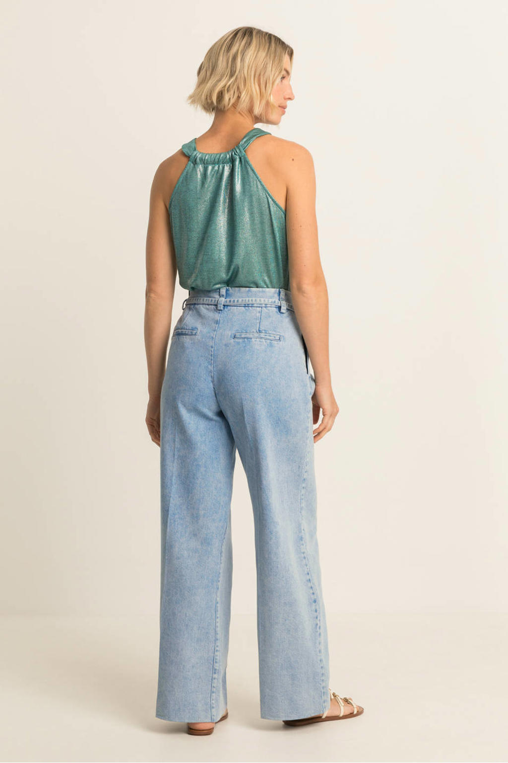 Blauwe dames Expresso top van polyester met effen, watervalhals en lurex